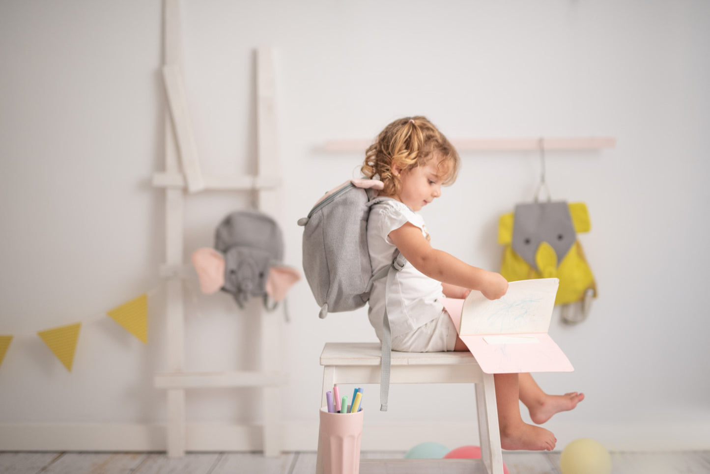 Mochila infantil algodón raton gris y rosa