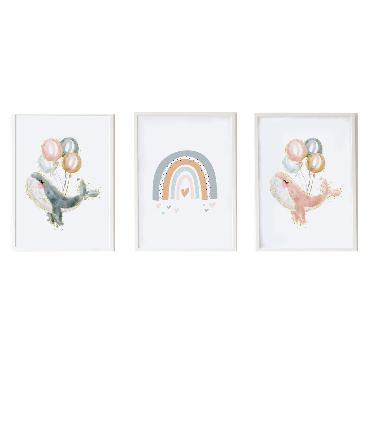Set 3 Láminas infantiles formado por Lámina ballena gris con globos: Lámina ballena rosa con globos y Lámina arcoiris gris