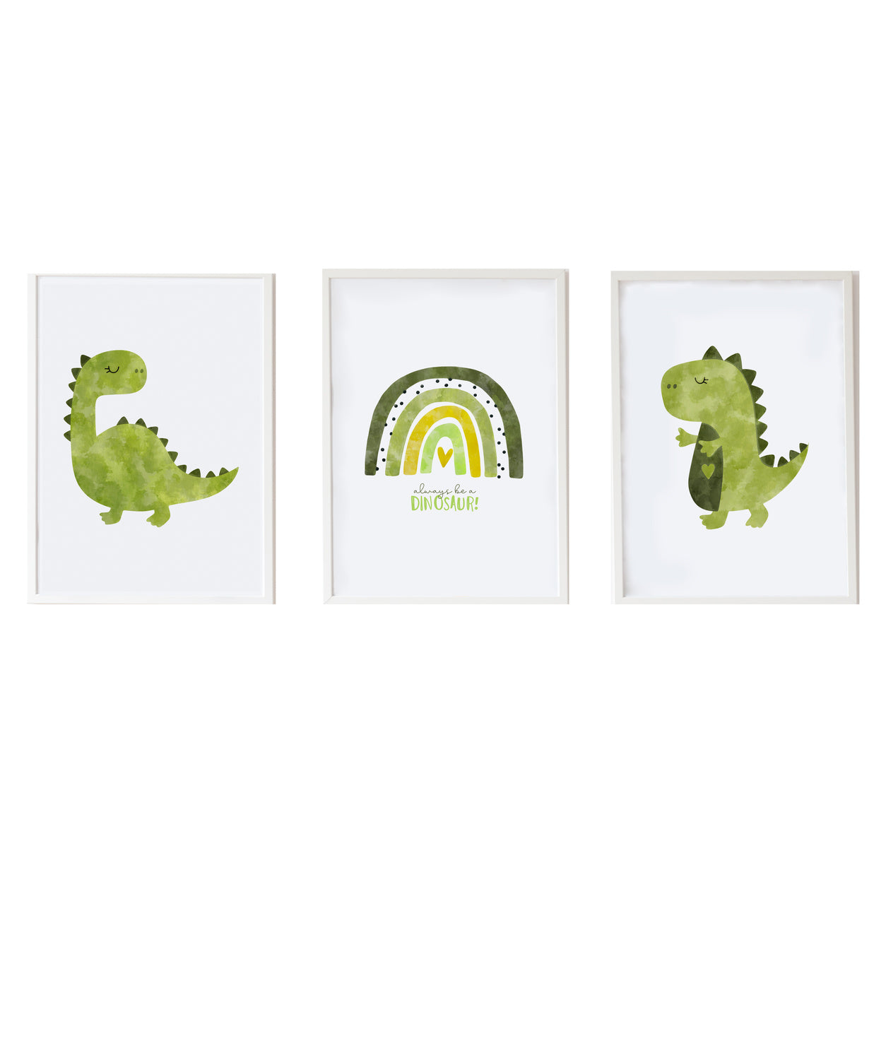 Set 3 Láminas infantiles formado por Lámina ilustracion dinosaurio verde: Lámina dinosaurio verde y Lámina arcoiris verde