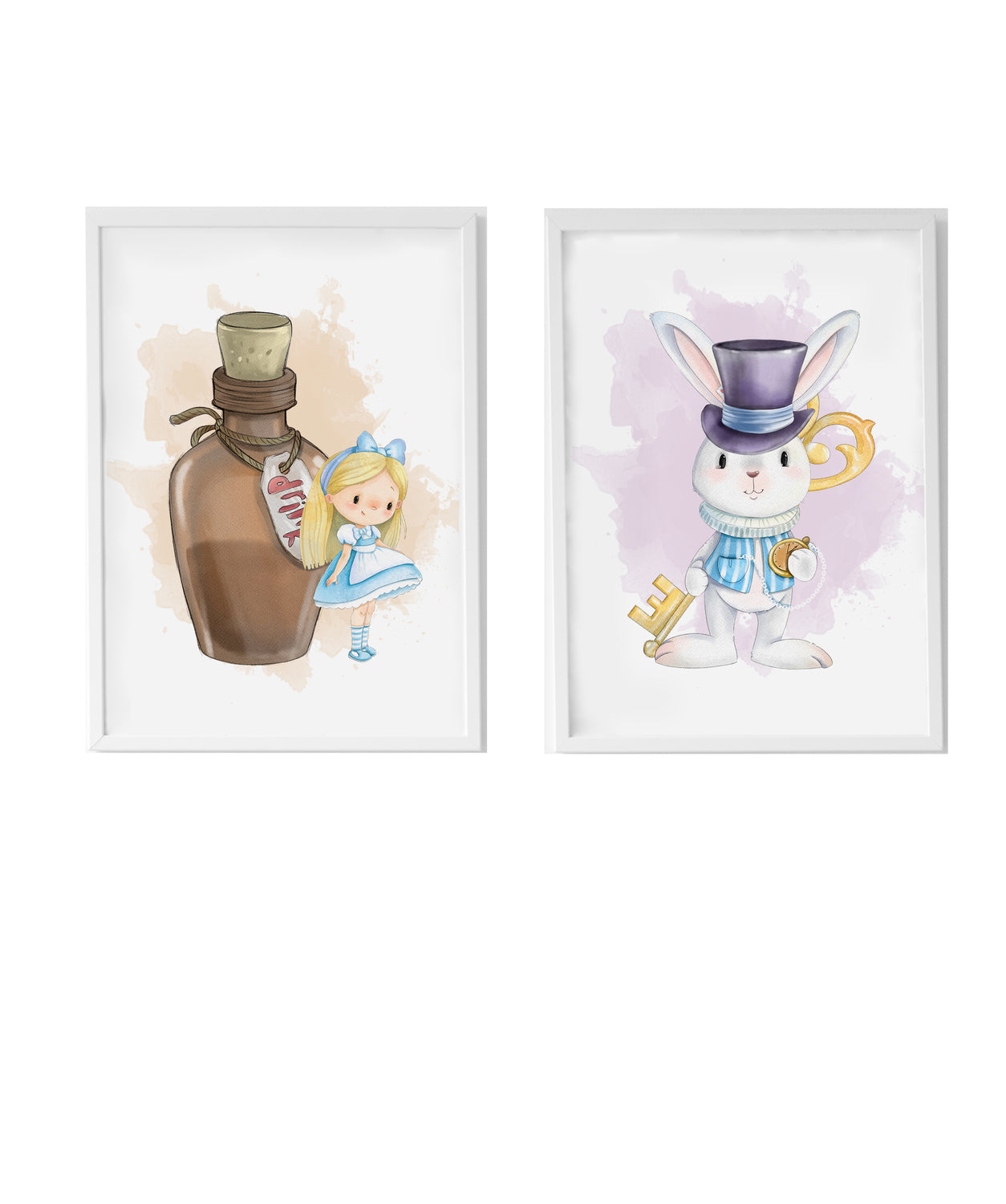 Set 2 Láminas infantiles formado por Lámina Alicia pocima marron y Lámina conejo llave