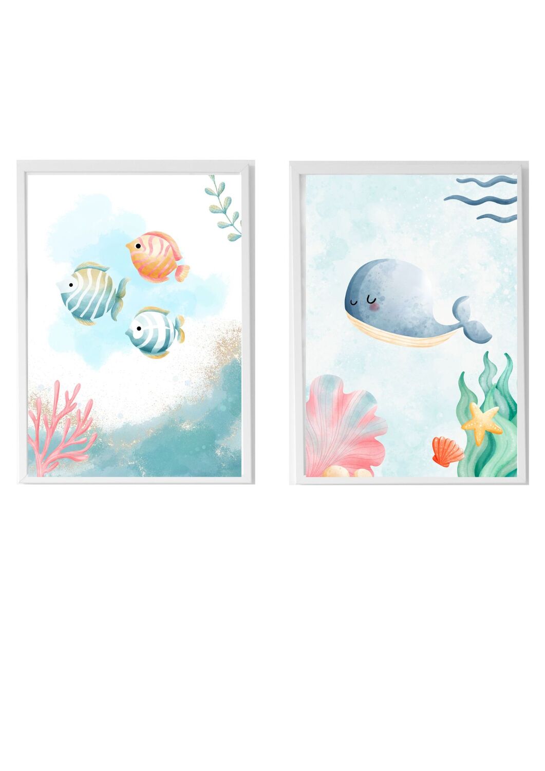 Set 2 Láminas infantiles formado por Lámina estampado peces: pulpo y ballena navegando océano