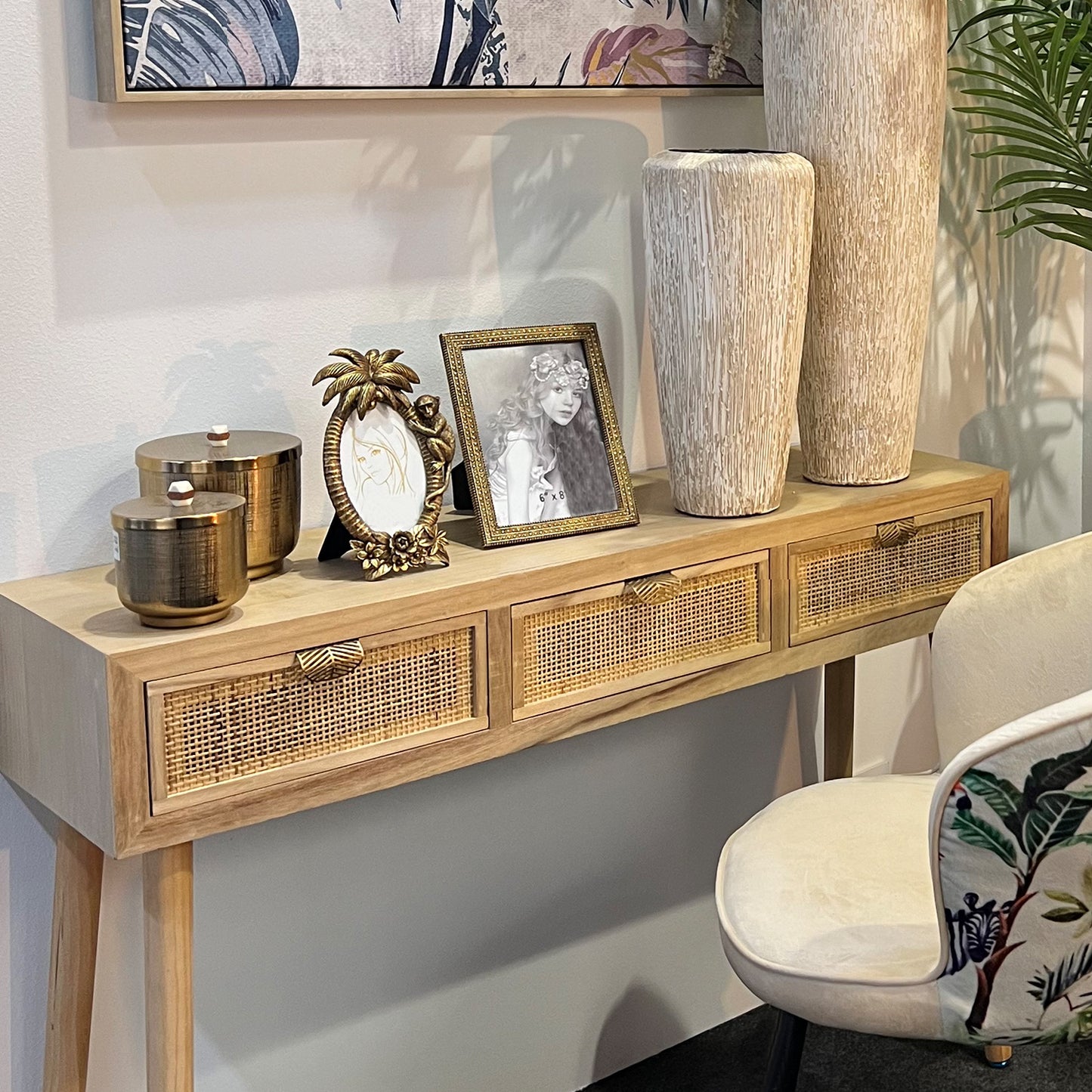 MESA ENTRADA MADERA C/3 CAJONE S RATAN NATURAL: PAULOWNIA+ DM