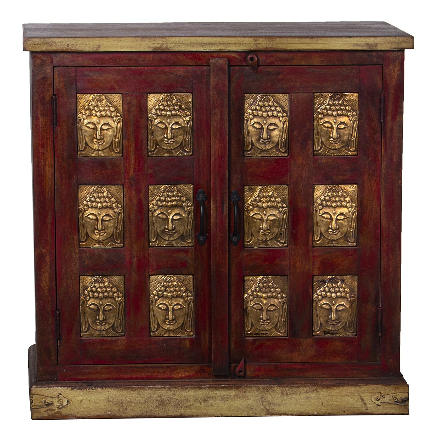 MUEBLE ENTRADA MADERA MANGO C/ 2 PUERTAS ROJO/BUDAS DORADOS