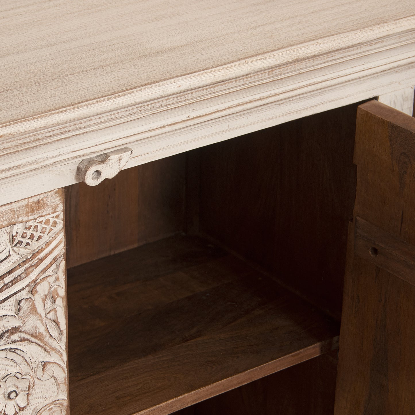 MUEBLE ENTRADA MADERA MANGO C/ 2 PUERTAS TALLADAS BLANCO DECA