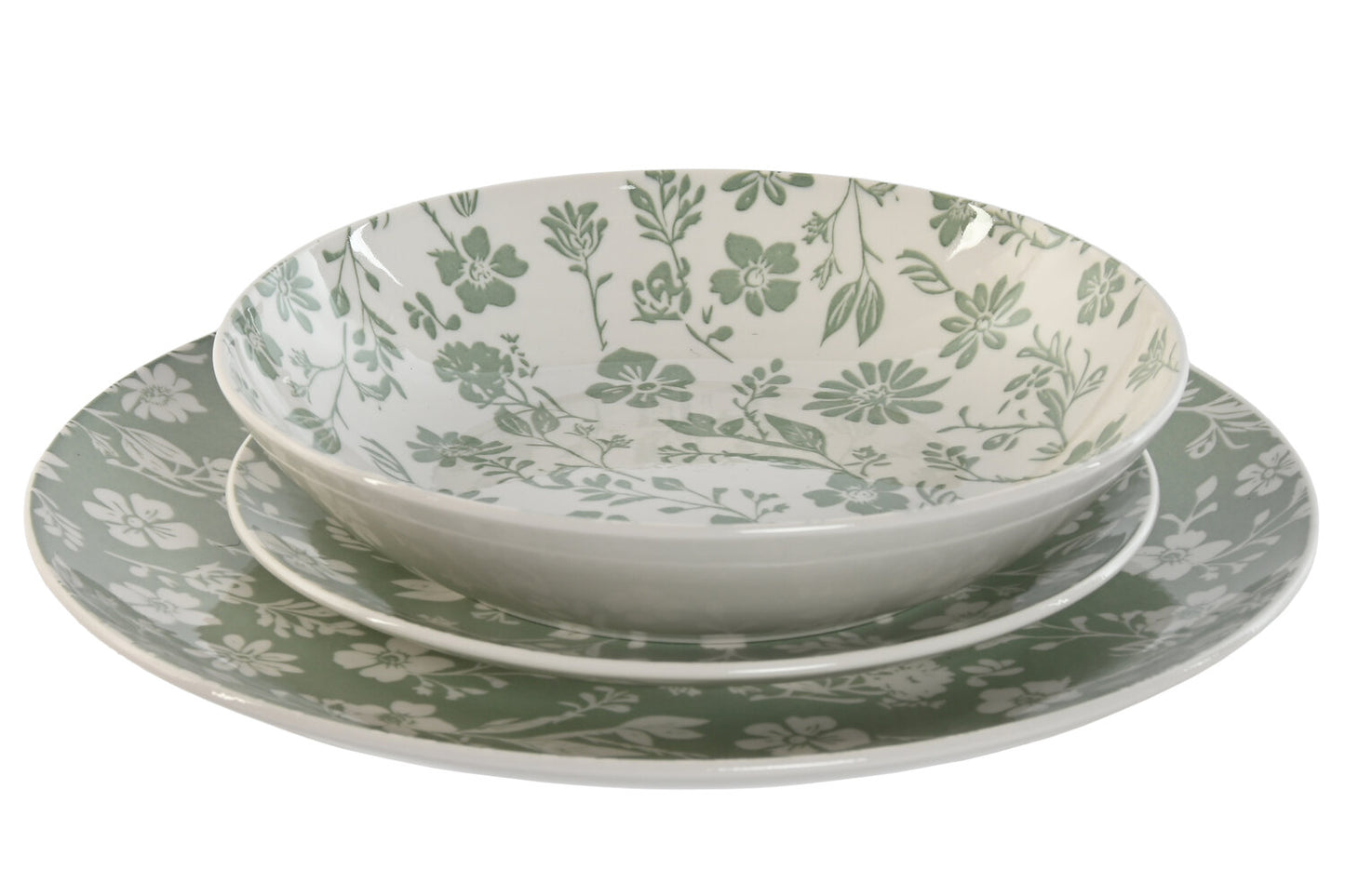 VAJILLA SET 18 PORCELANA 27X27X2 FLORAL VERDE