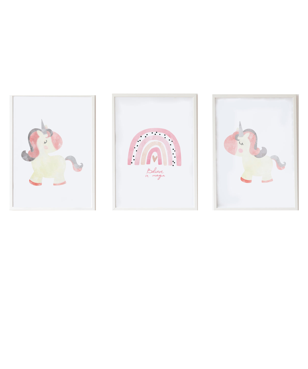 Set 3 cuadros infantiles formado por cuadro ilustracion uniconio: cuadro arcoiris rosa y cuado unicornio blanco y rosa