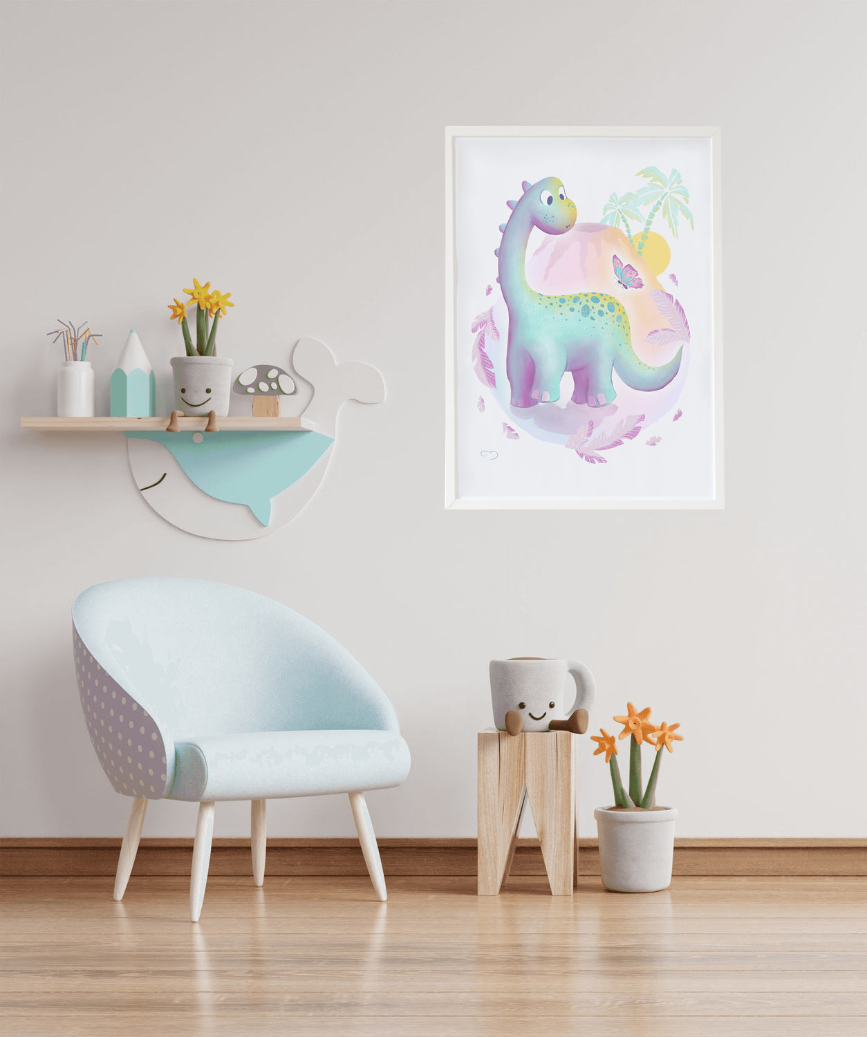 Cuadro infantil ilustracion dinosaurio con palmeras verdes