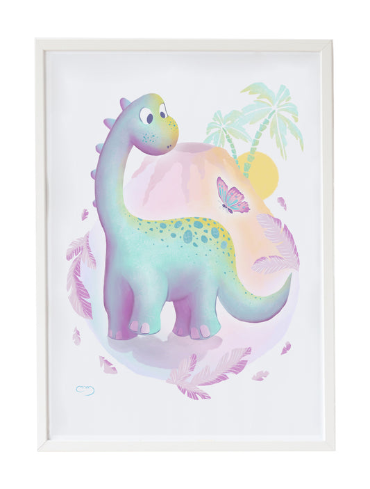 Cuadro infantil ilustracion dinosaurio con palmeras verdes