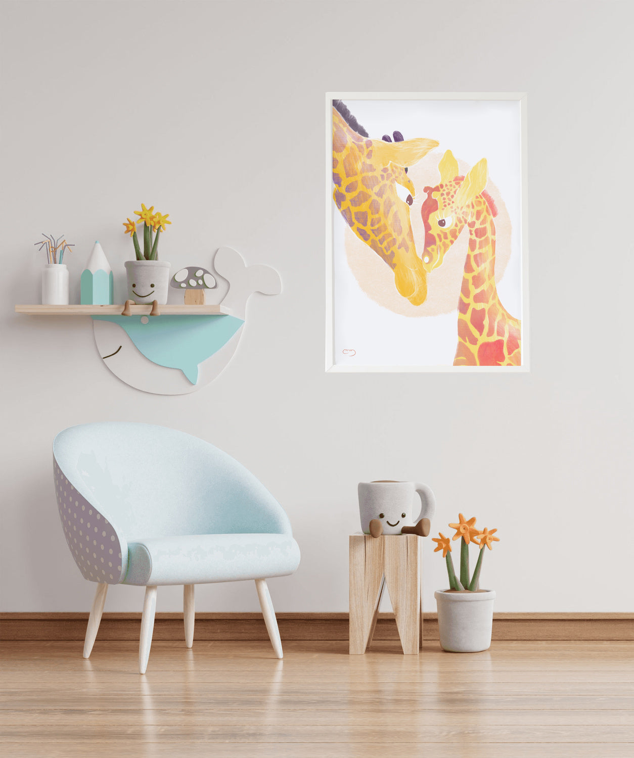 Cuadro infantil ilustracion familia jirafa naranja