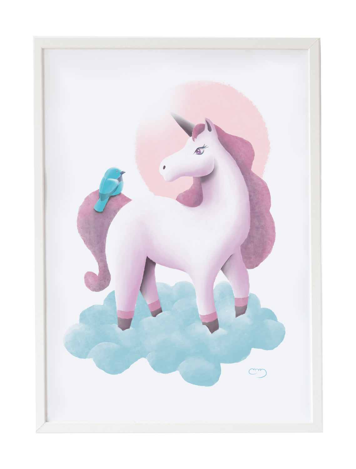 Cuadro infantil ilustraion unicorno en nube azul