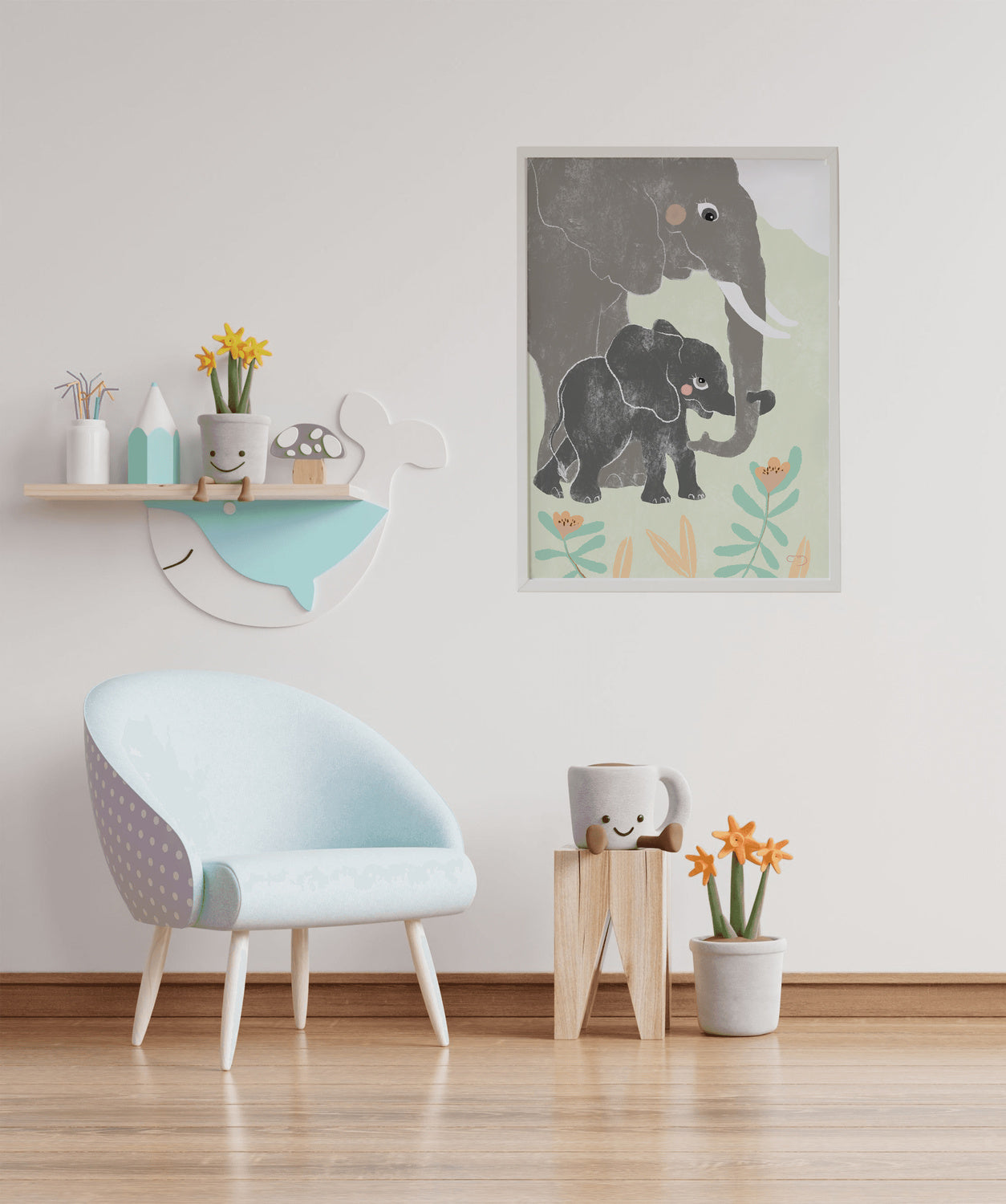 Cuadro infantil ilustracion familia elefante gris