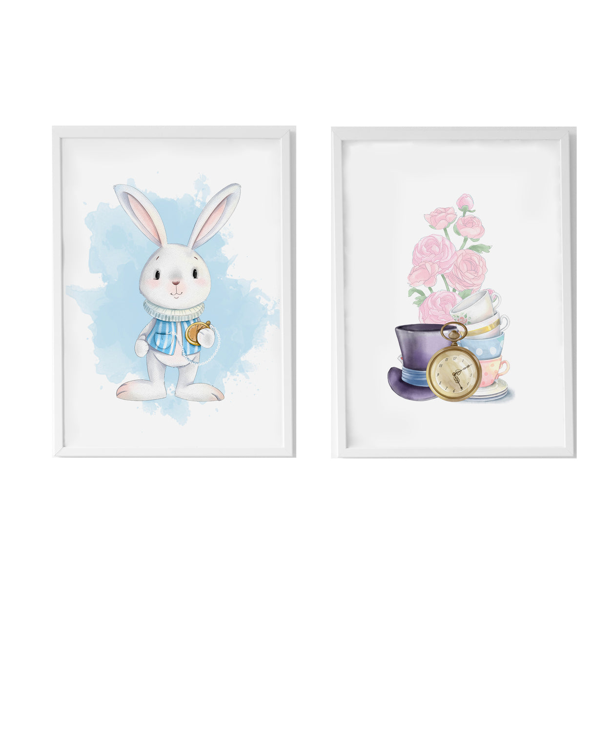 Set 2 cuadros formado por cuadro conejo con reloj y cuadro flores y objetos Alicia
