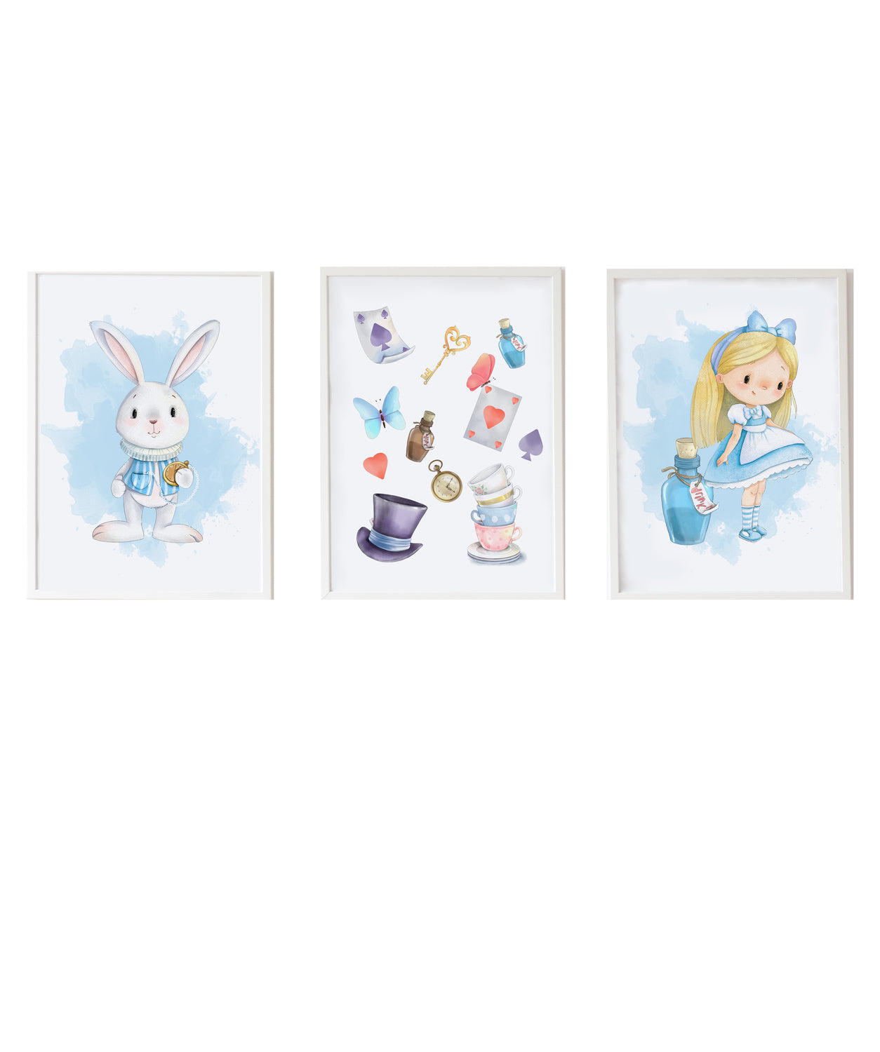 Set 3 cuadros infantiles formado por cuadro conejo con reloj: cuadro objetos Alicia y cuadro Alicia con pocima azul