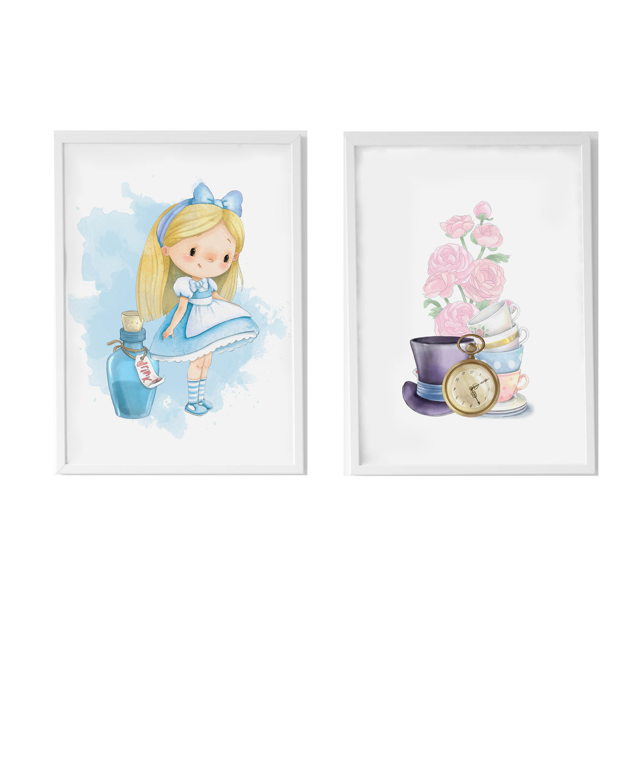 Set 2 cuadros infantiles formado por cuado Alicia con pocima azul y cuadro flores y objetos Alicia