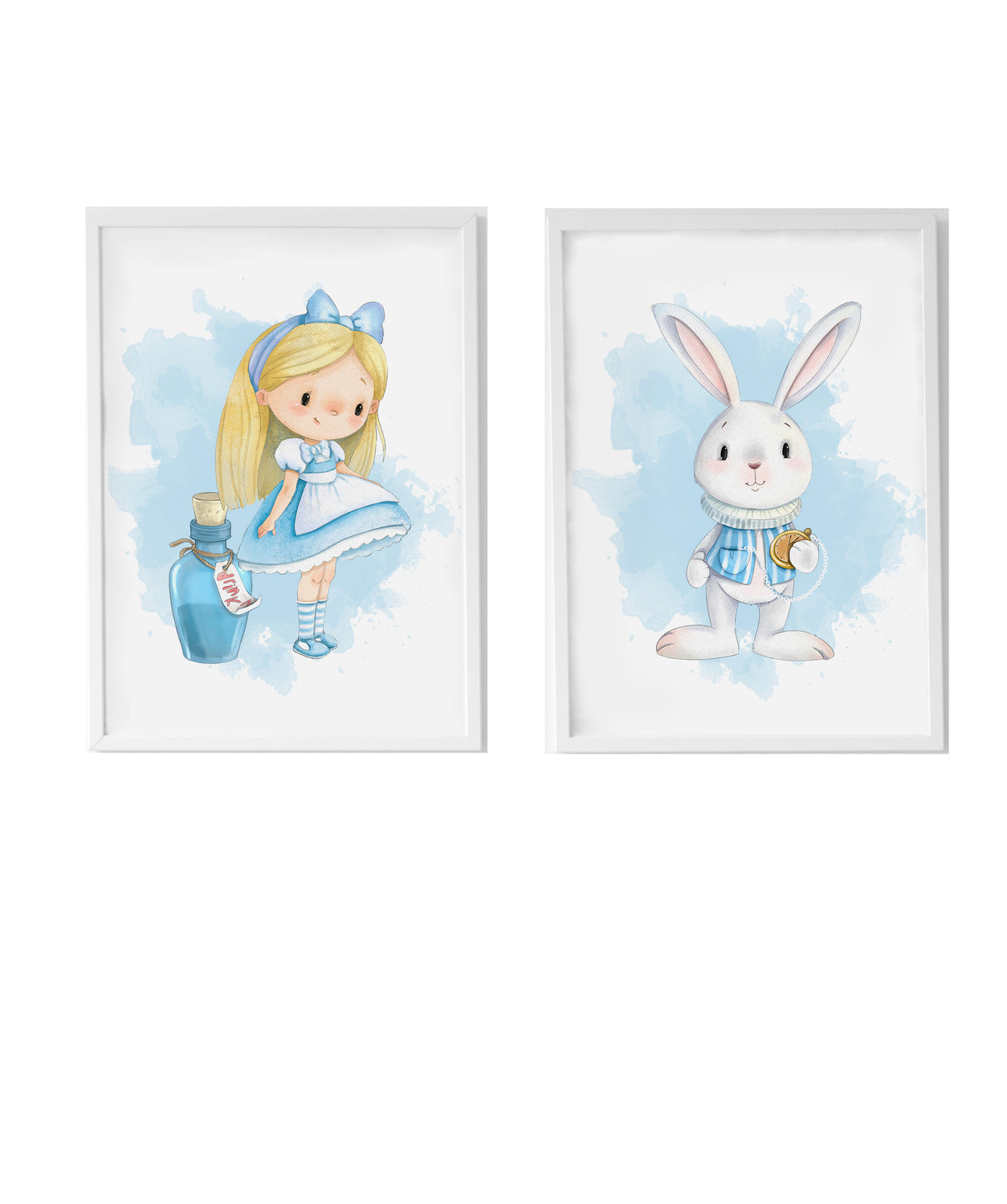 Set 2 cuadros infantiles formado por cuadro Alicia con pocima azul y cuadro conejo con reloj