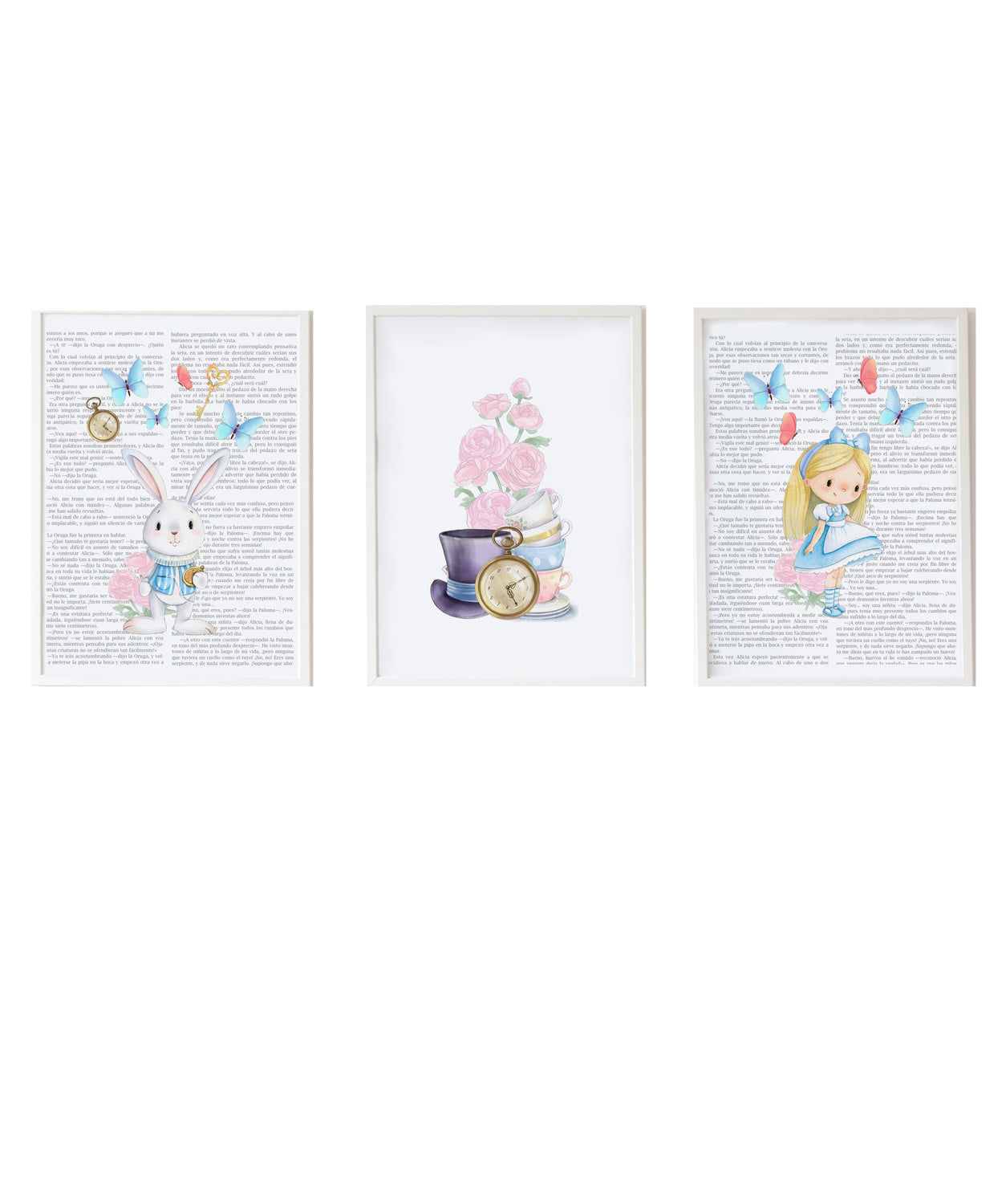 Set 3 cuadros infantiles formado por cuadro conejo fondo cuento: cuadro flores y objetos Alicia y cuadro Alicia fondo cuento