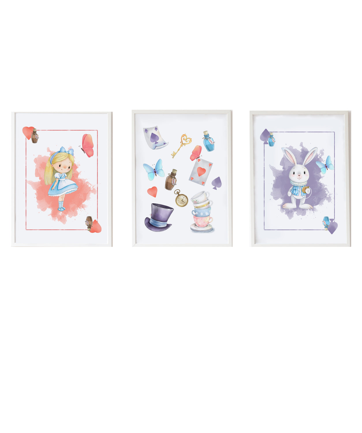 Set 3 cuadros infantiles formado por cuadro Alicia carta corazones: cuadro objetos Alicia y cuadro conejo carta picas