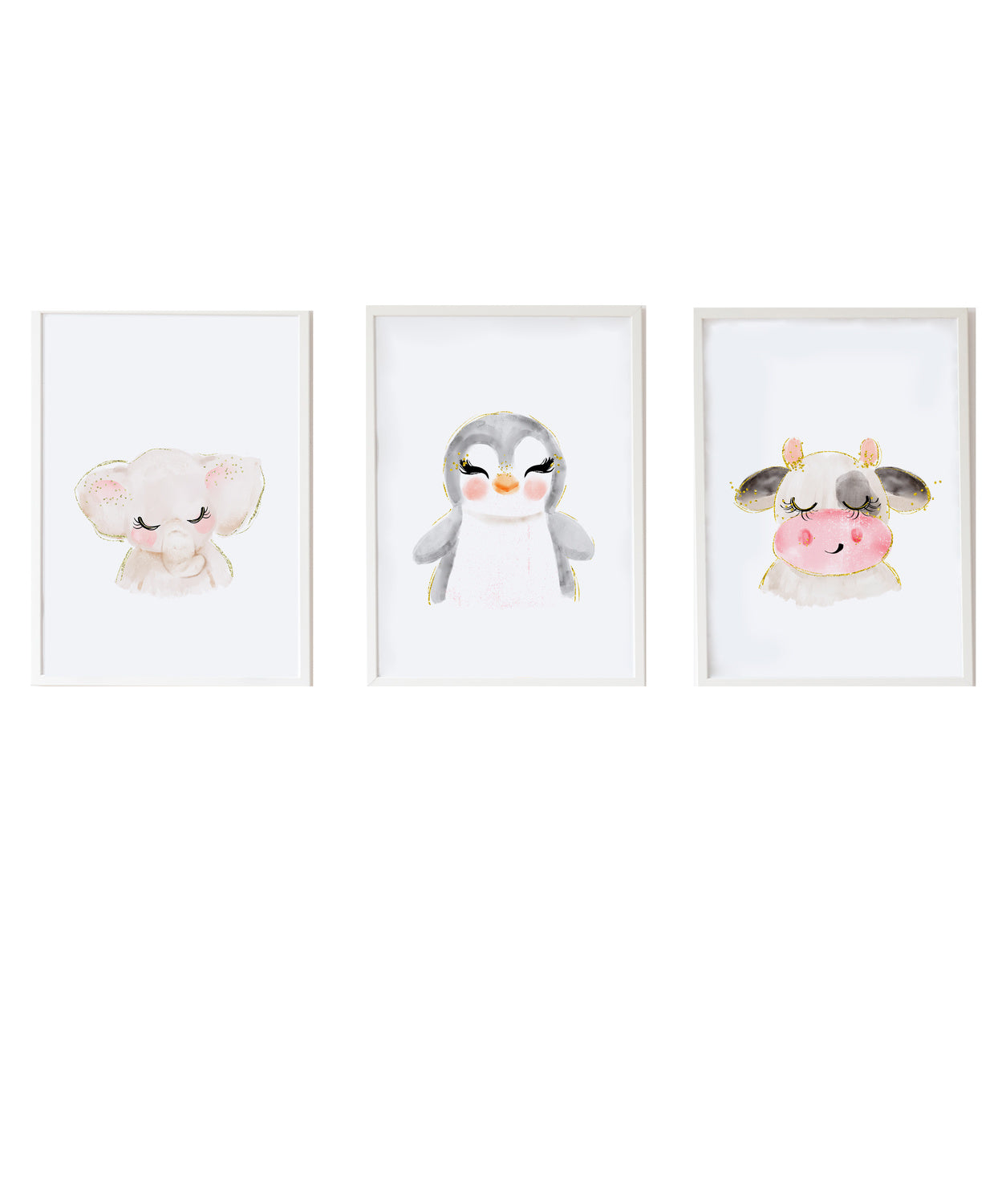 Set 3 cuadros infantiles formado por cuadro elefante: cuadro pingüino y cuadro vaca