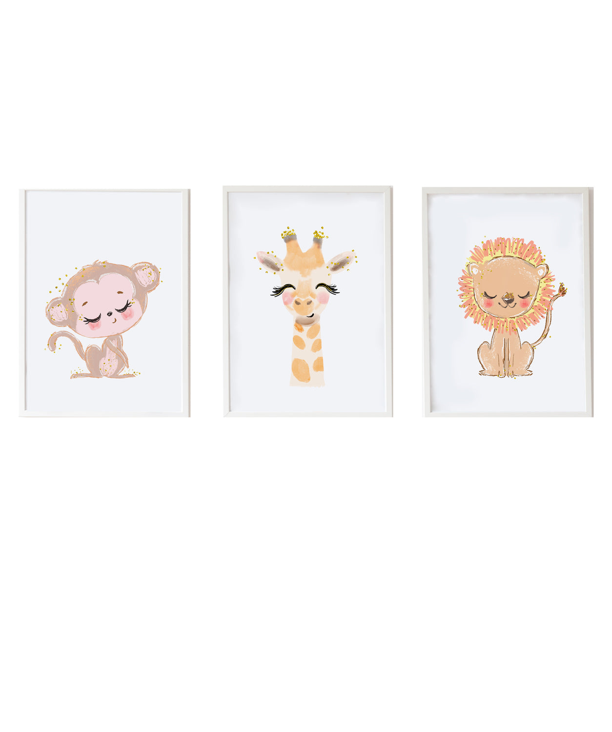 Set 3 cuadros infantiles formado por cuadro mono: cuadro jirafa y cuadro león