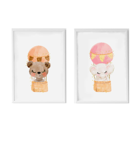 Set 2 cuadros infantiles formado por cuadro oso en globo y cuadro elefante en globo