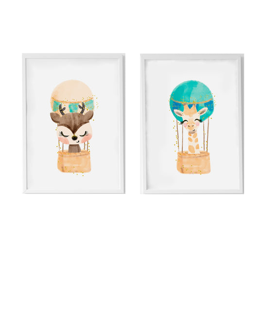 Set 2 cuadros infantiles formado por cuado ciervo en globo y cuadro jirafa en globo