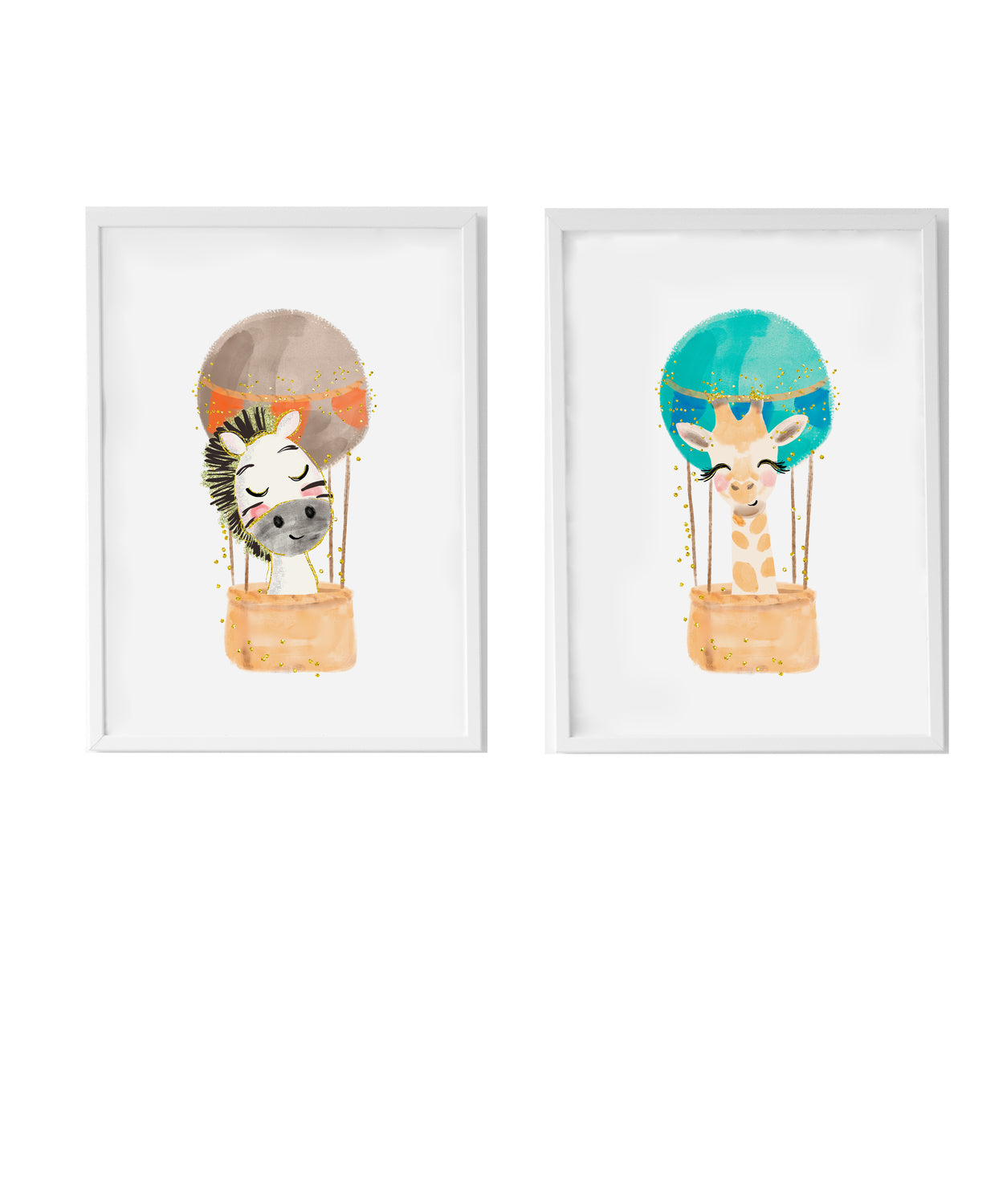 Set 2 cuadros infantiles formado por cuadro cebra en globo y cuadro jirafa en globo