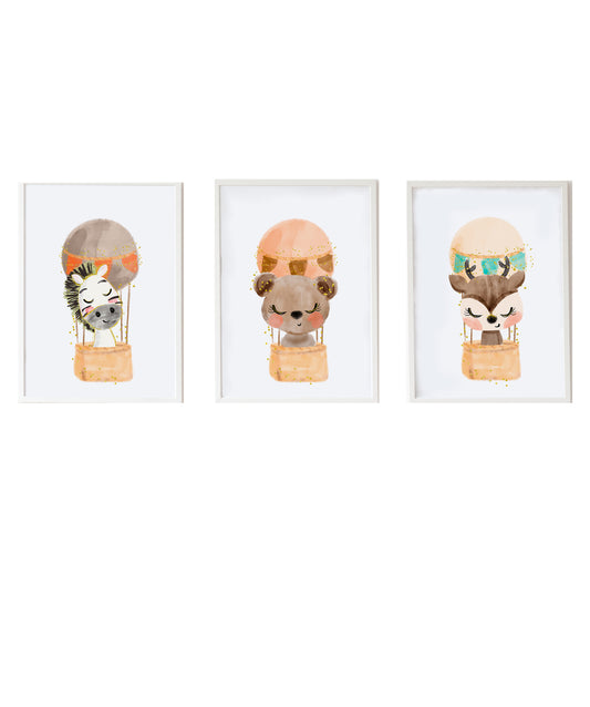 Set 3 cuadros infantiles formado por cuadro cebre en globo: cuadro oso en globo y cuadro ciervo en globo