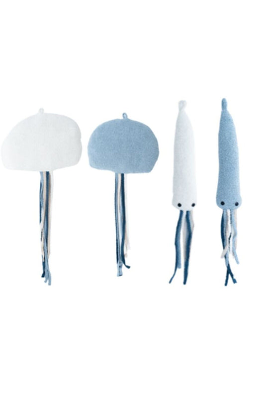 Set 4 peluches infantiles de pared formado por medusa blanca: medusa azul: mini pulpo blanco y mini pulpo azul