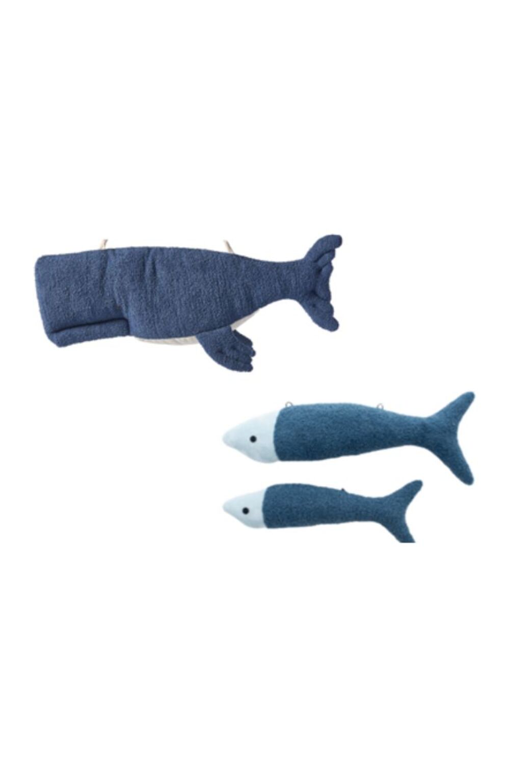 Set 3 peluches infantiles de pared formado por beluga azul oscuro y dos peces azul oscuro