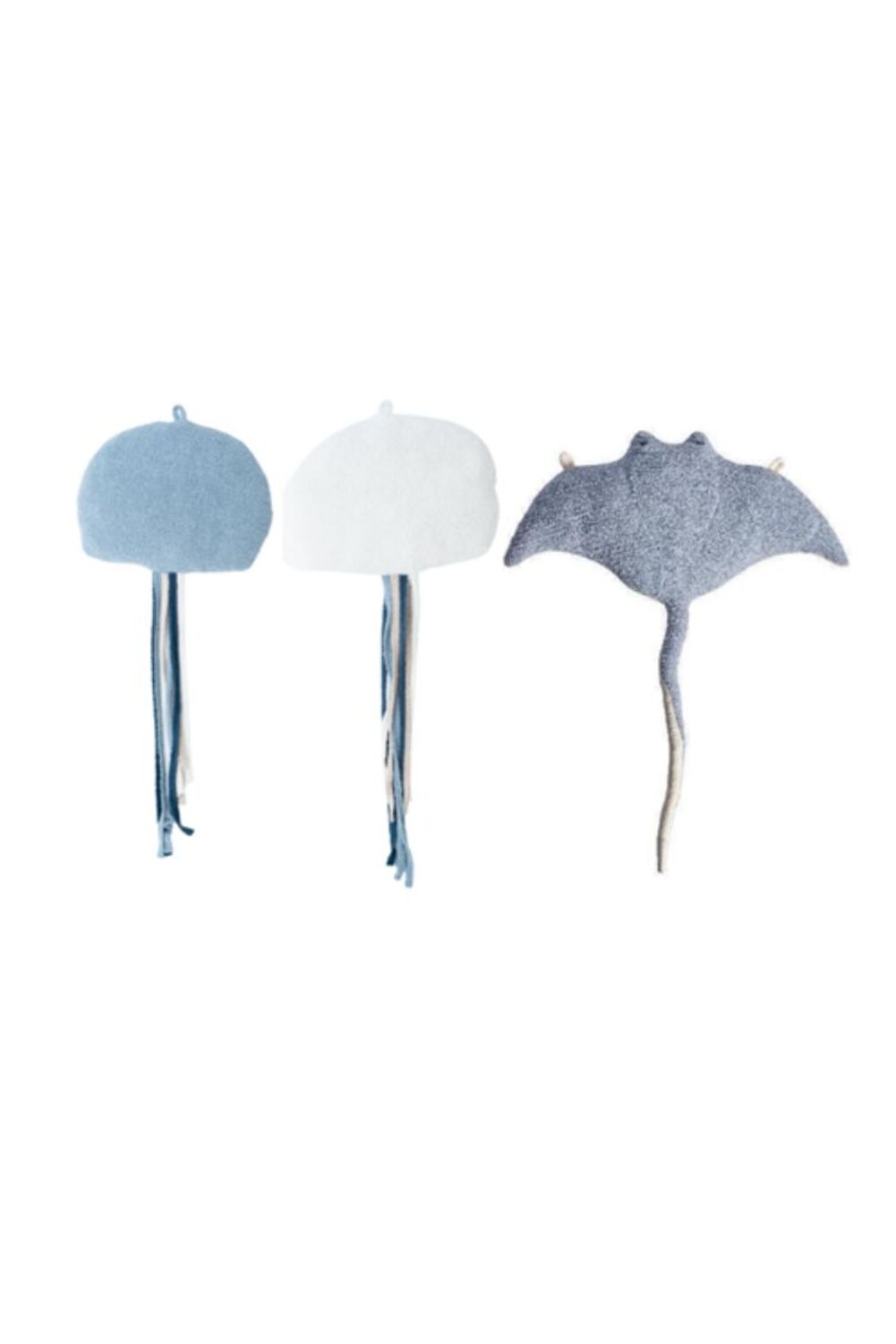 Set 3 peluches infantiles de pared formado por medusa azul: medusa blanca y mantarraya azul claro