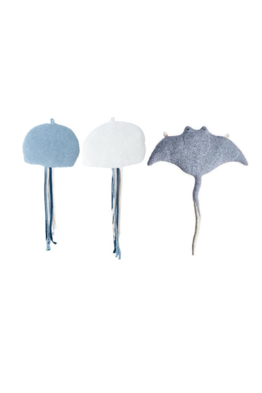 Set 3 peluches infantiles de pared formado por medusa azul: medusa blanca y mantarraya azul claro