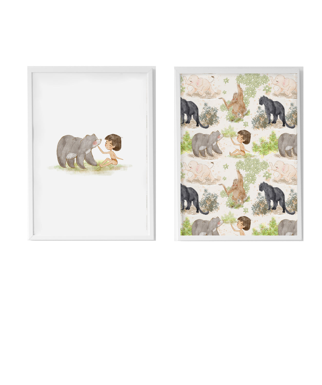 Set 2 Láminas infantiles formado por Lámina ilustracion animales de la y Lámina libro de la selva Mogli y Balu