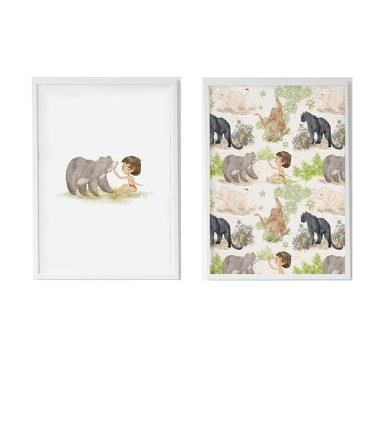 Set 2 Láminas infantiles formado por Lámina ilustracion animales de la y Lámina libro de la selva Mogli y Balu