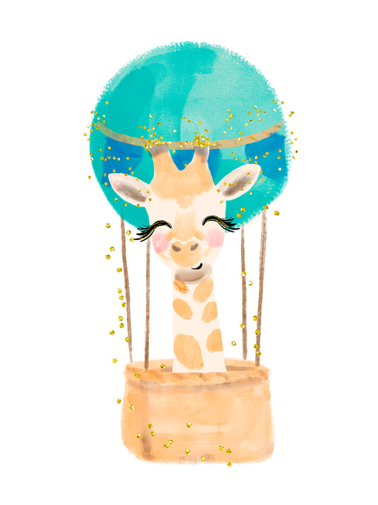 Lámina infantil jirafa naranja en globo azul