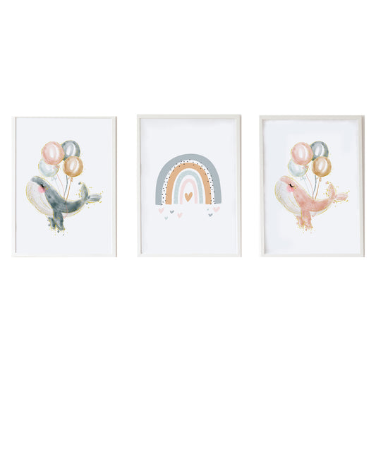 Set 3 Láminas infantiles formado por Lámina ballena gris con globos: Lámina ballena rosa con globos y Lámina arcoiris gris