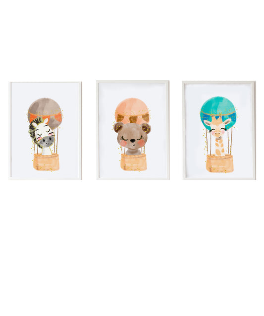 Set 3 Láminas infantiles formado por Lámina cebra en globo: Lámina oso en globo y Lámina jiraba en globo