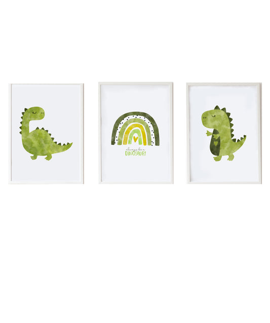 Set 3 Láminas infantiles formado por Lámina ilustracion dinosaurio verde: Lámina dinosaurio verde y Lámina arcoiris verde