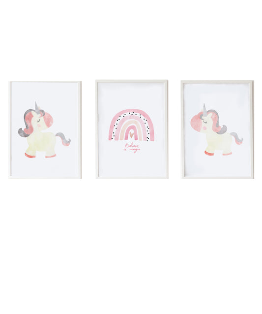 Set 3 Láminas infantiles formado por Lámina ilustracion uniconio: Lámina arcoiris rosa y cuado unicornio blanco y rosa
