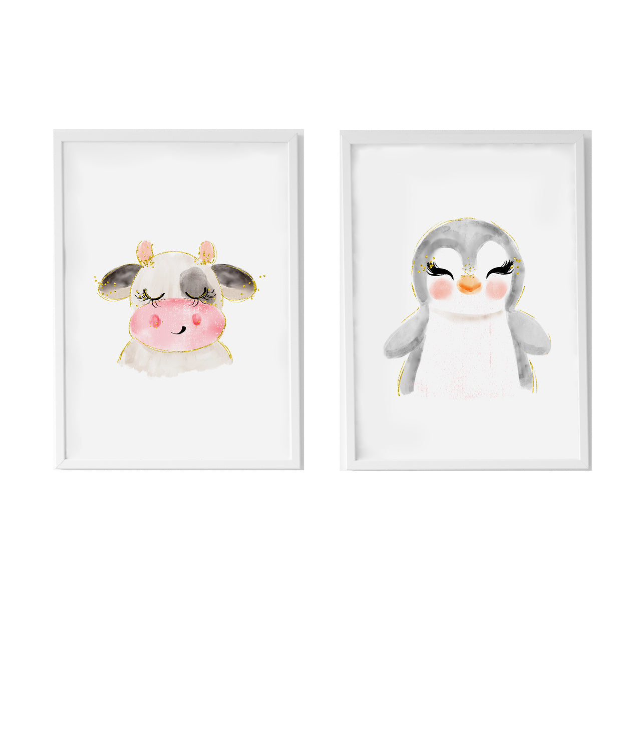 Set 2 Láminas infantiles formado por Lámina vaca y Lámina pingüino blanco y negro