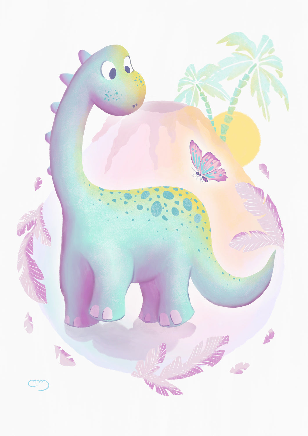 Lámina infantil ilustracion dinosaurio con palmeras verdes
