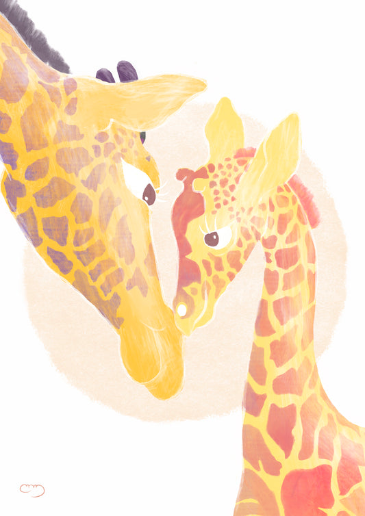 Lámina infantil ilustracion familia jirafa naranja