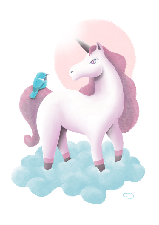 Lámina infantil ilustraion unicorno en nube azul