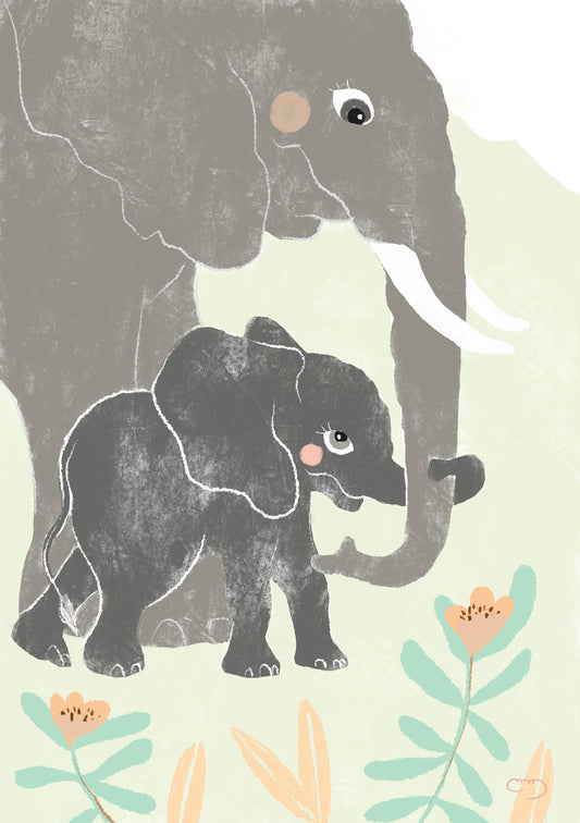 Lámina infantil ilustracion familia elefante gris