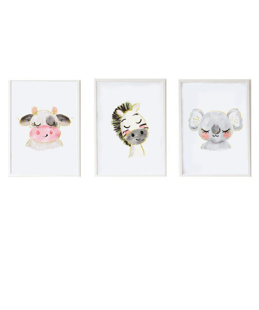Set 3 Láminas infantiles formado por Lámina vaca: Lámina cebra y Lámina koala