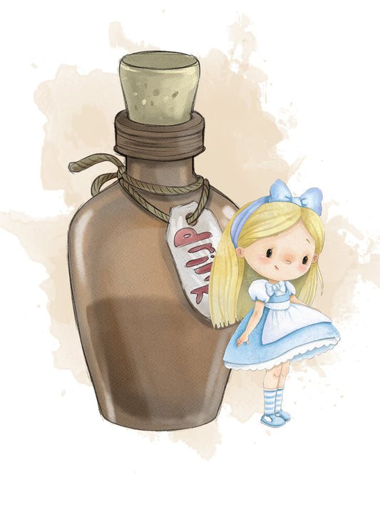 Lámina infantil Alicia con pocima marrón