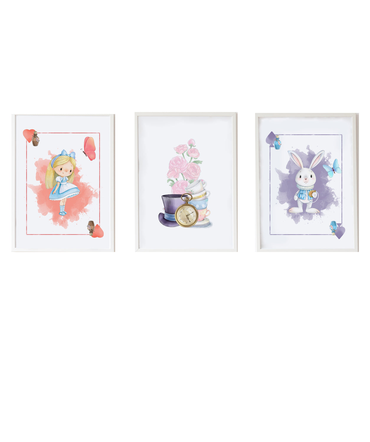 Set 3 Láminas infantiles formado por Lámina Alicia carta corazones: Lámina flores y objetos Alicia y Lámina conejo carta picas