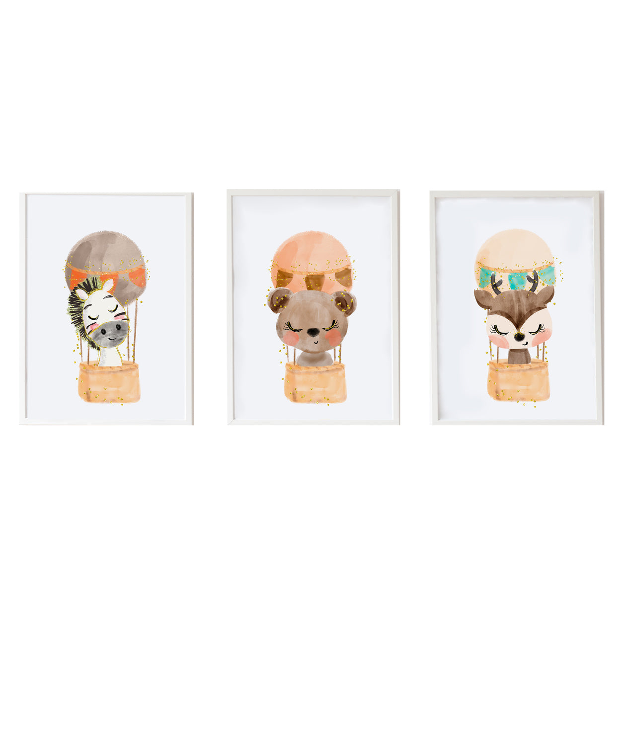 Set 3 Láminas infantiles formado por Lámina cebre en globo: Lámina oso en globo y Lámina ciervo en globo