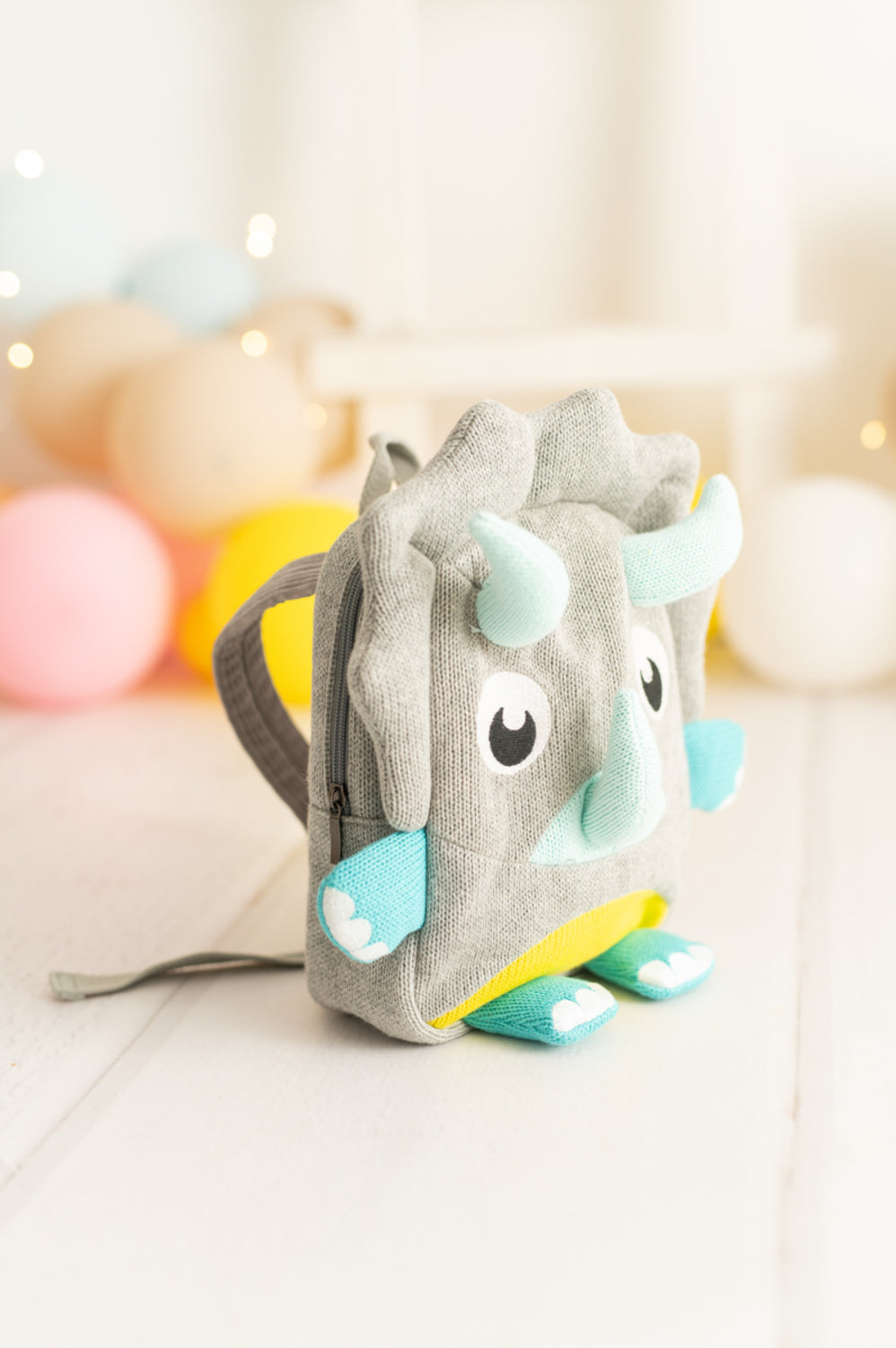 Mochila infantil algodón dinosaurio gris y azul