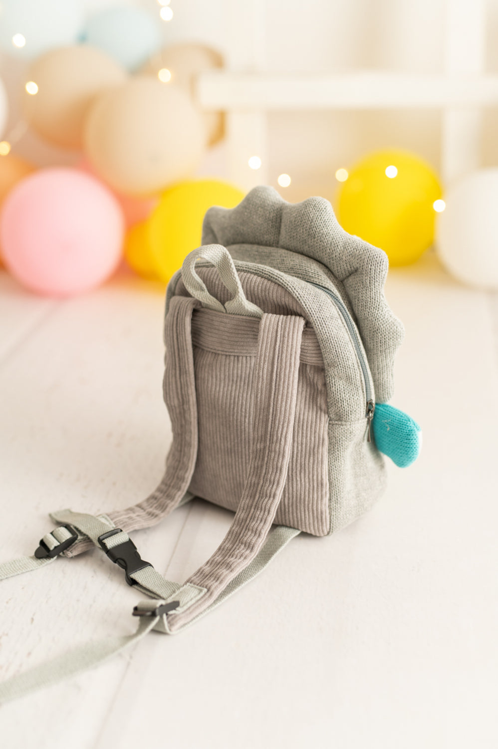 Mochila infantil algodón dinosaurio gris y azul