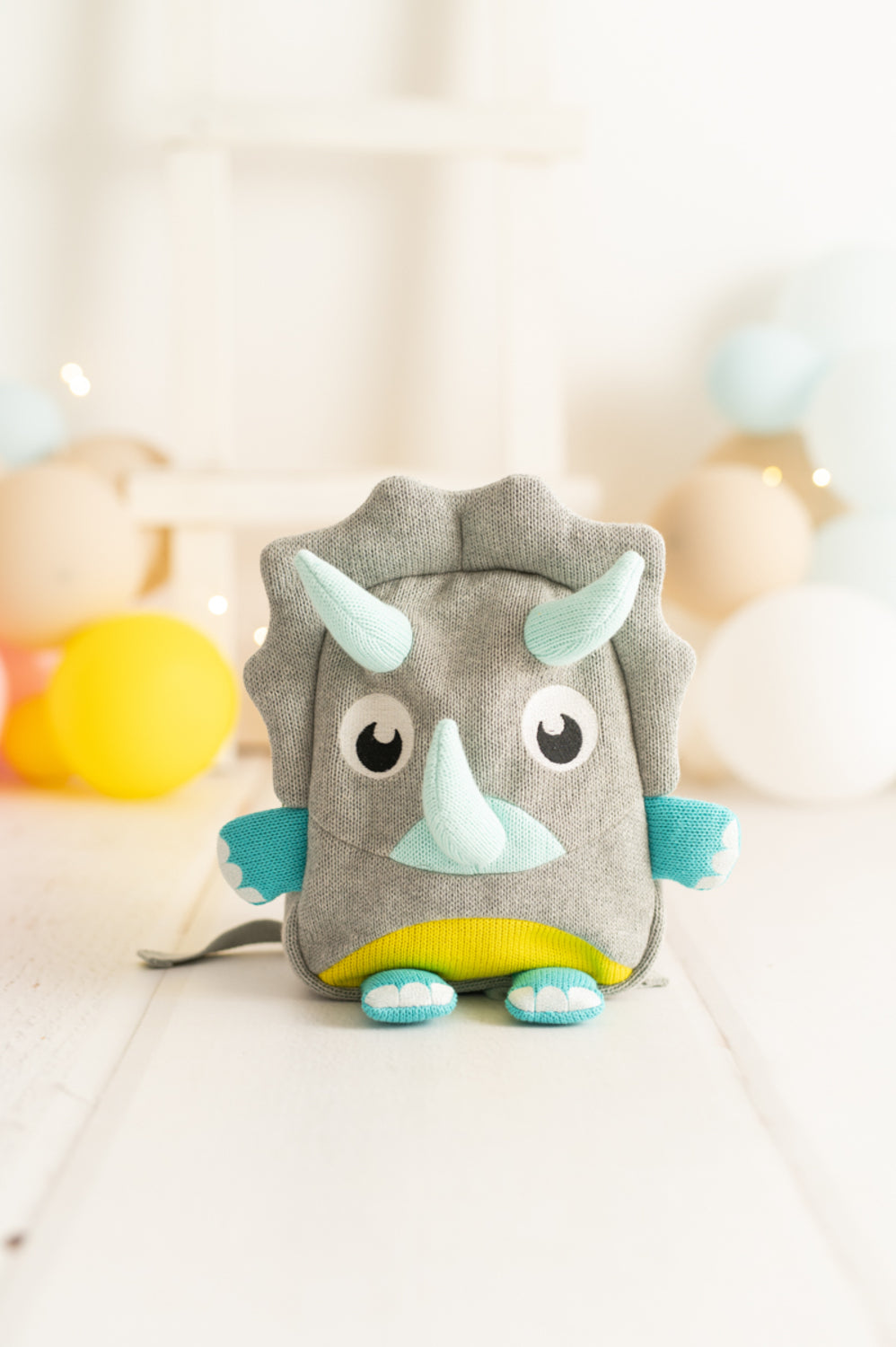 Mochila infantil algodón dinosaurio gris y azul